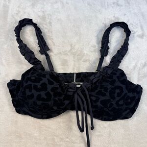 Toluca Swim Black Flocked Leopard Bikini Top Ruffle Strap Lace Up Front Size S